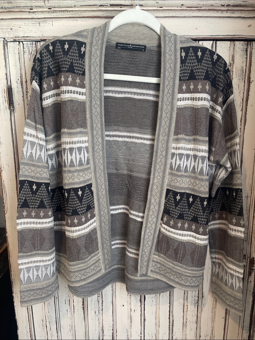 Peruvian Connection Printed Open Front Sweater